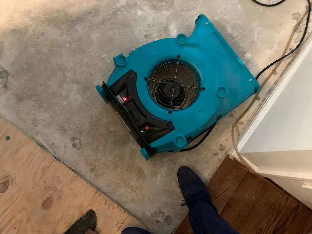 Air mover drying subfloor during Leak Detection & Repair in Hampstead
